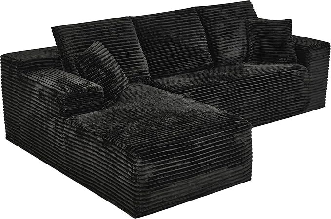 Modular Sectional Sofa Cloud Sectional Couch, 107" Comfy Fluffy L Shaped Black Couches for Living Room, Deep Seat Memory Foam Plush Corduroy Boneless Couch Sectionals with Left Facing Chaise Sofa