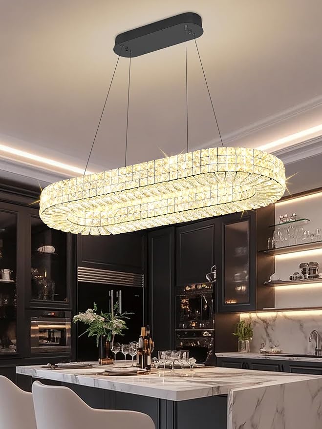 Modern Crystal Chandelier, Dia 40" Rectangular Chandelier for Dining Room,Black Rectangle Crystal Ceiling Light Luxury Oval Chandeliers for Living Room Kitchen Island