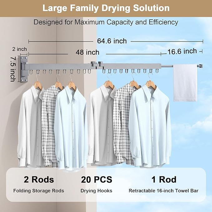 Bakala Clothes Drying Rack, Laundry Drying Rack Foldable, Heavy-Duty Space Saving Hangers, Wall Mounted Clothing Racks for Laundry Room Organization, Folding, Retractable 64" Clothes Dryer (Silver)