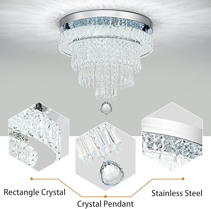 16“ Crystal Chandeliers Round Modern LED Chandelier Light Flush Mount Ceiling Light Fixtures with Remote Control for Bedroom Living Room Dining Room (dimmable)
