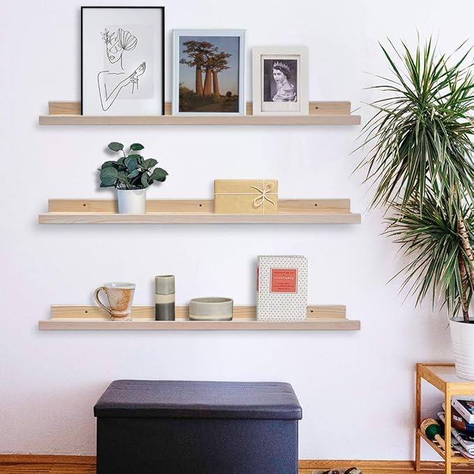 AZSKY 48 Inch Large Wood Floating Shelves for Wall Set of 3, Rustic Natural Picture Ledge Shelf Decor for Bedroom Kitchen Bathroom Living Room Nursery Display, 3 Same Sizes