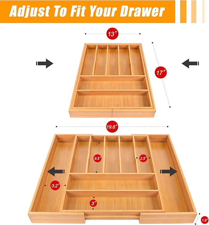 Bellsal Large Premium Bamboo Silverware Organizer - Expandable Utensil Drawer Organizer - 17"x19.6" Utensil Holder and Cutlery Tray with Grooved for Kitchen Flatware and Utensils Mother's Day Gift