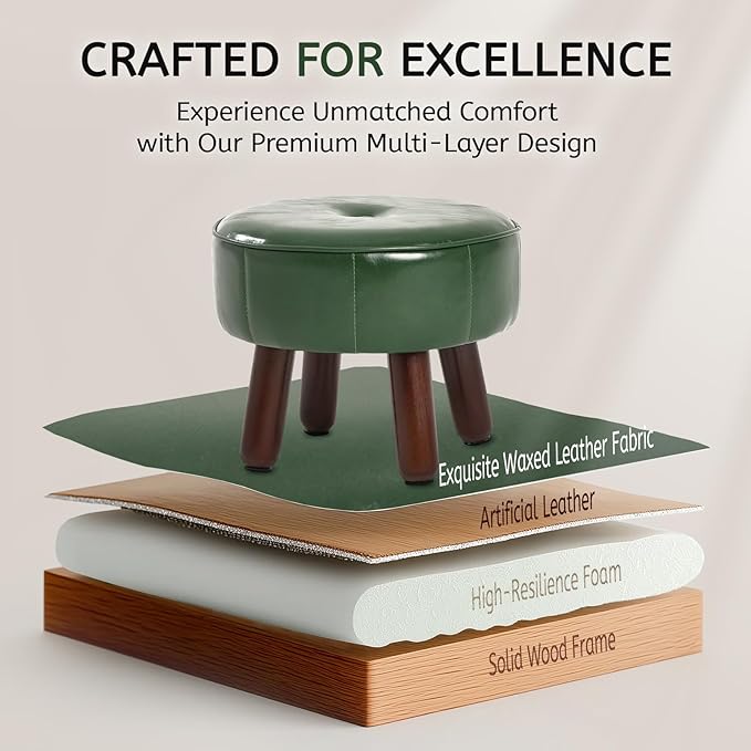 13in Small Foot Stool Ottoman, Round Faux Leather Foot Rest for Couch, Under Desk Pouf Footstool Footrest with Non-Skid Rubber Legs for Ling Room, Bedroom, 13''L x 13''W x 10.2''H, Green