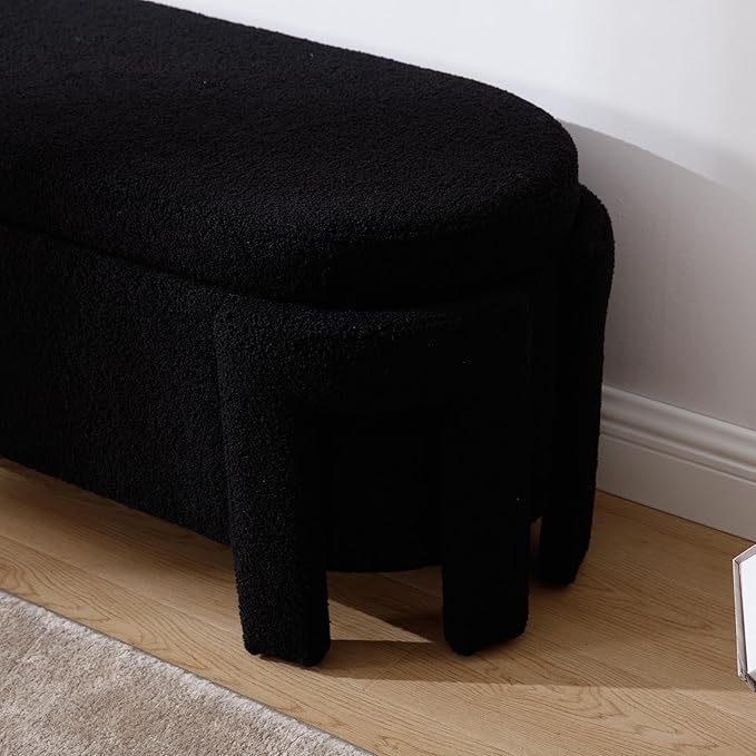 Modern Upholstered Storage Bench, Sherpa Fabric 50" Long Entryway Bench with Storage and Seating, Comfy Cute Ottoman Bench for Living Room/End of Bed/Hallway, Black