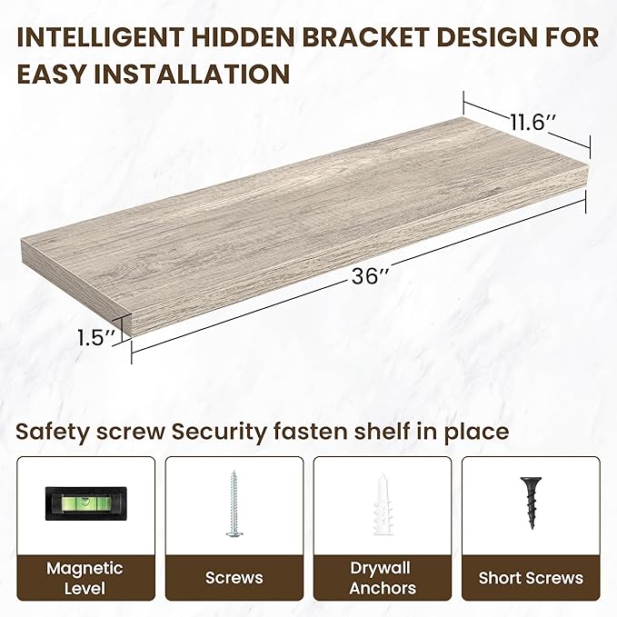 36 Inch Floating Shelves, 11.6 Inch Deep Floating Shelves for Wall, Floating Shelf with Invisible Brackets, Deep Shelves for Bathroom, Bedroom, Living Room, 2 Pack, Vintage Gray Oak