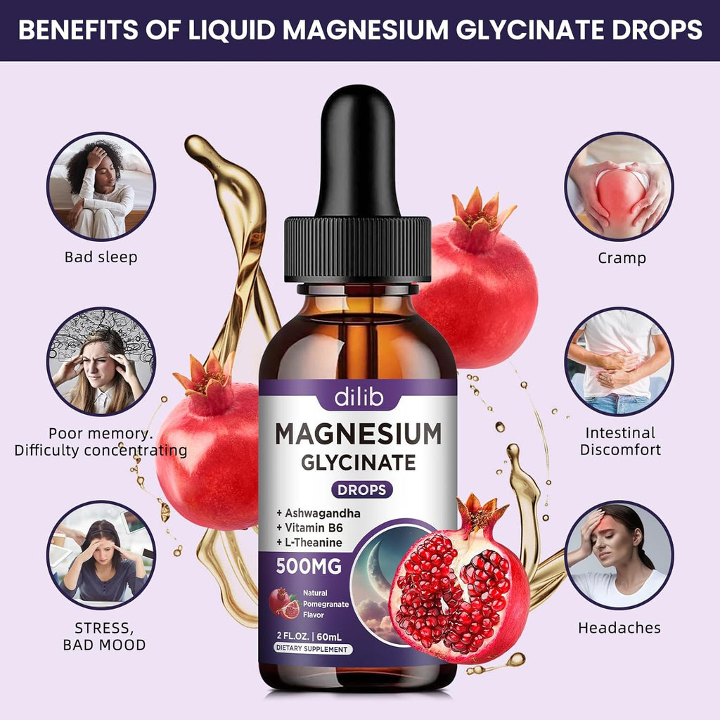 (2 Pack) Magnesium Glycinate Liquid Drops 500mg, with Vitamin B6, Ashwagandha, L - Theanine, Chamomile, Magnesium Glycinate Supplement High Absorption for Sleep, Stress, Energy - Pomegranate Flavor