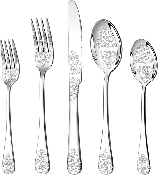 20 Pcs Silverware Set for 4 with Classical Flower Embossed Design, Food Grade Stainless Steel Flatware Set, Eating Utensils Sets Include Fork/Knife/Spoon, Reusable Cutlery Set, Dishwasher Safe