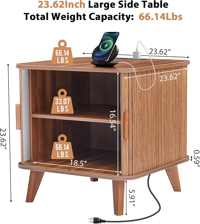 AVZEAR 24" Large Square End Table with Charging Station, Farmhouse Fluted Sofa Side Table with Sliding Tambour Door & Storage, Curved Rustic Wood Nightstand for Living Room, Bedroom, Walnut