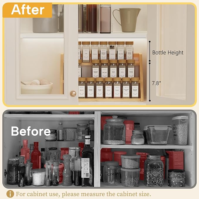 Bamboo Spice Rack Organizer -3-Tier Spice Rack for Countertop,Cabinet Spice Rack Organizer for 27 Spice Jars(4oz)，Step Shelf (yellow)