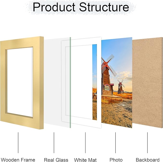 4x6 Picture Frame Set of 4, 4 x 6 Wood Photo Frames with Mat for 3.5x5, Wooden Frame with Real Glass Cover for Wall and Tabletop Display,Gold