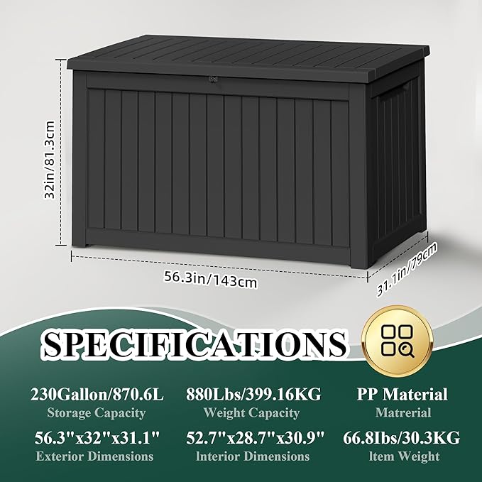 230 Gallon Outside Storage Box, Resin All Weather Storage Cabinet, Large Deck Box for Garden Tools, Patio Furniture, Sports Equipment, Black