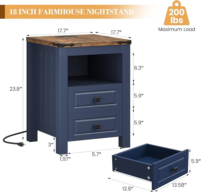 Apicizon Side Table, Farmhouse End Table with Charging Station and Storage Cabinet, 17'' Bedside Table with Drawers, Rustic Small Coffee Table for Living Room, Bedroom