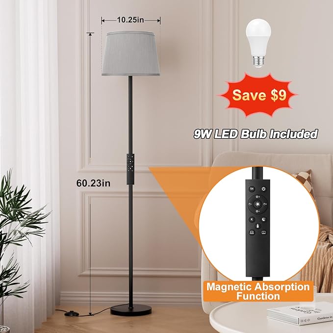 【Upgraded Floor Lamps for Living Room, Modern Floor Lamp with Remote Control, Dimmable Colors Temperature Standing Lamp Foot Switch, 9W Bulb Tall Lamps for Bedroom Office Kid Room - Grey