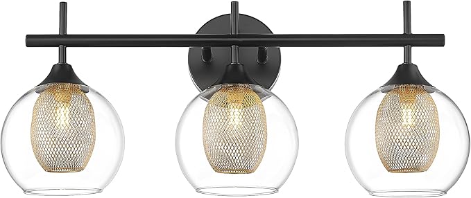 Bathroom Light Fixtures, 3-Light Black and Gold Vanity Lights Over Mirror, Farmhouse Wall Sconce Lighting with Clear Glass and Honeycomb Metal Shade, AD-22001-3W-BK