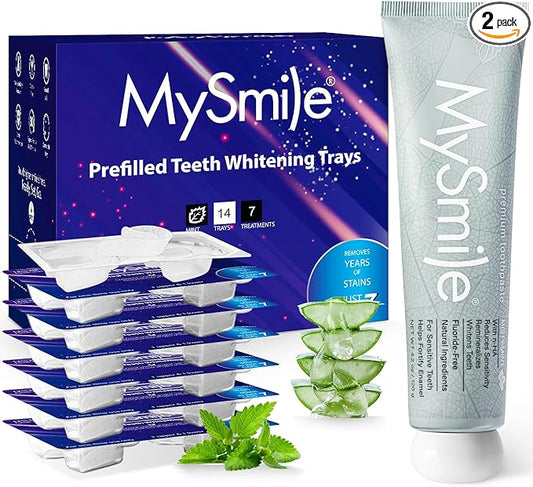 MySmile 7 Treatment Prefilled Teeth Whitening Trays 12% Hydrogen Peroxide and Fluoride Free Nano Hydroxyapatite Toothpaste Combo for Sensitive Teeth Relief, Enamel Repair and Teeth Remineralization