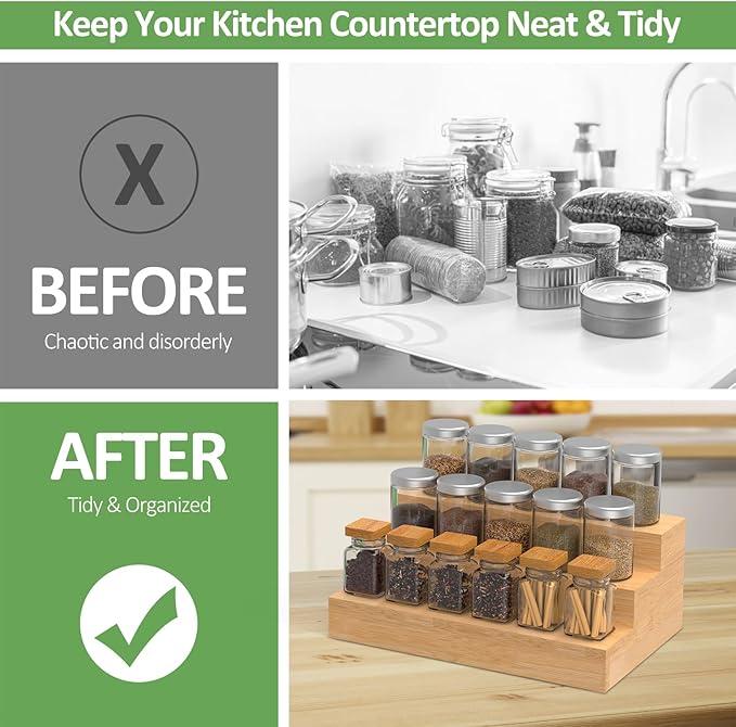 2 Pack Bamboo Spice Rack Organizer for Countertop, 3 Tier Spice Step Shelf for Cabinet (Jars Not Included)