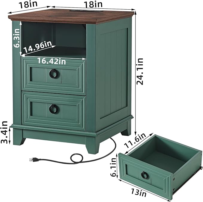 18" Farmhouse Night Stand with Charging Station, 2 Drawers Bedside End Table, Green Wooden Nightstand, Bed Side Table Cabinet with Open Shelf for Bedroom Living Room Office