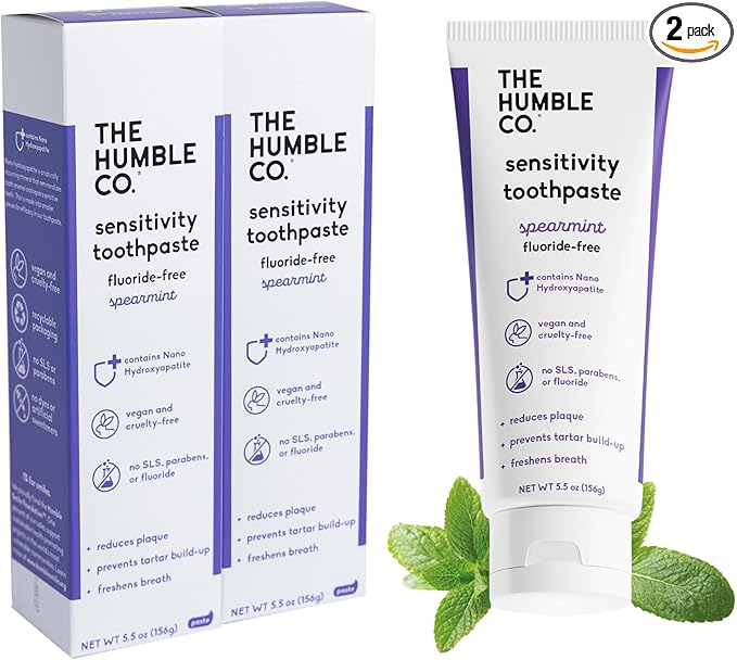 The Humble Co. Sensitive Toothpaste – Natural Spearmint Fluoride Free Toothpaste for Fresh Breath and Helps Remove Plaque, Vegan Cruelty Free Oral Care, Non-Toxic SLS Free Toothpaste (5.5 oz, 2pk)