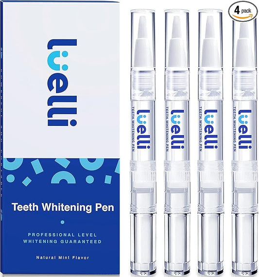Luelli Teeth Whitening Pen, 20+ Uses - Travel Size Professional Tooth Whitener Serum, Extra Strength Organic Teeth Bleaching Gel for Sensitive Teeth, Instant Stain Removal, Simply White Smile, 4 Count
