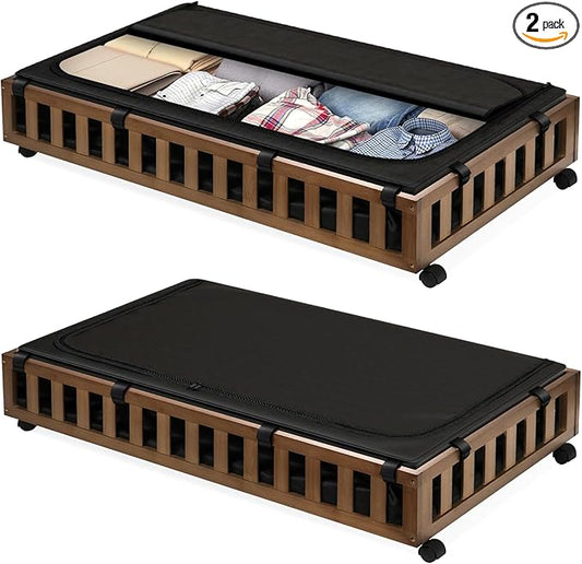 2 Pack Bamboo Under Bed Storage with Wheels, 39”x20”x7.8” Lager Under Bed Storage Containers (Brown)