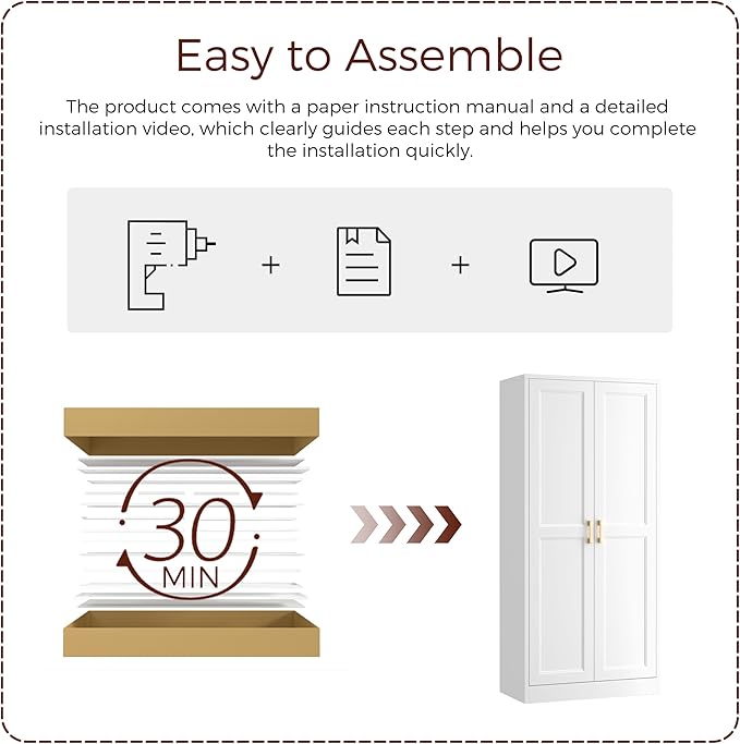 60" Tall Metal Pantry Cabinet, White Kitchen Pantry Storage Cabinet with 3 Adjustable Shelves and Gold Handles, Cupboard for Kitchen, Dining Room, Living Room, Bathroom