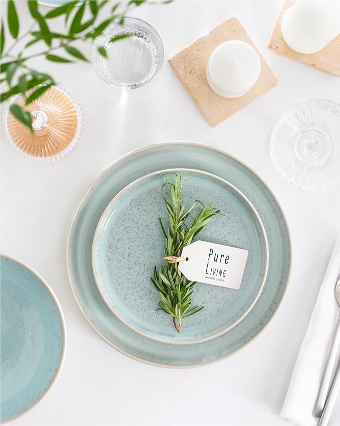 32 Piece Dinnerware Sets for 8 - Modern Style Stoneware Dinnerware Set - Scratch Resistant, Dishwasher Safe Plates and Bowls Sets Ceramic, Dish Set, Bowl and Plate Set - Beige and Blue…