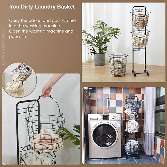 3 Tier Laundry Basket with Rolling Lockable Wheels Wire Metal Sorter Storage Trolley Shelf Basket Durable Metal Sorter Clothes Storage Trolley Shelf with Removable Hamper for Organizing Clothes