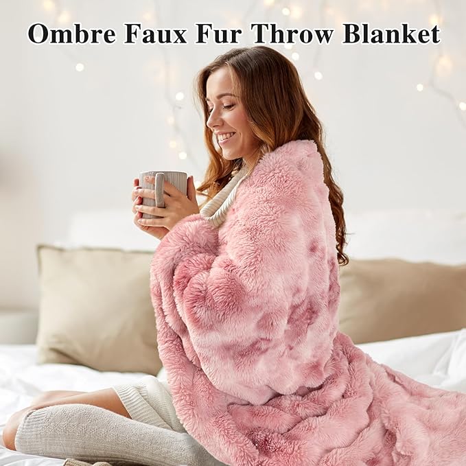 Bcareself Faux Fur Blanket Two Sided Ultra Soft Fluffy Reversible Fuzzy Throw Blanket for Women Men Double Sided Ombre Faux Luxe Faux Fur Thick Minky Blanket for Couch Bed