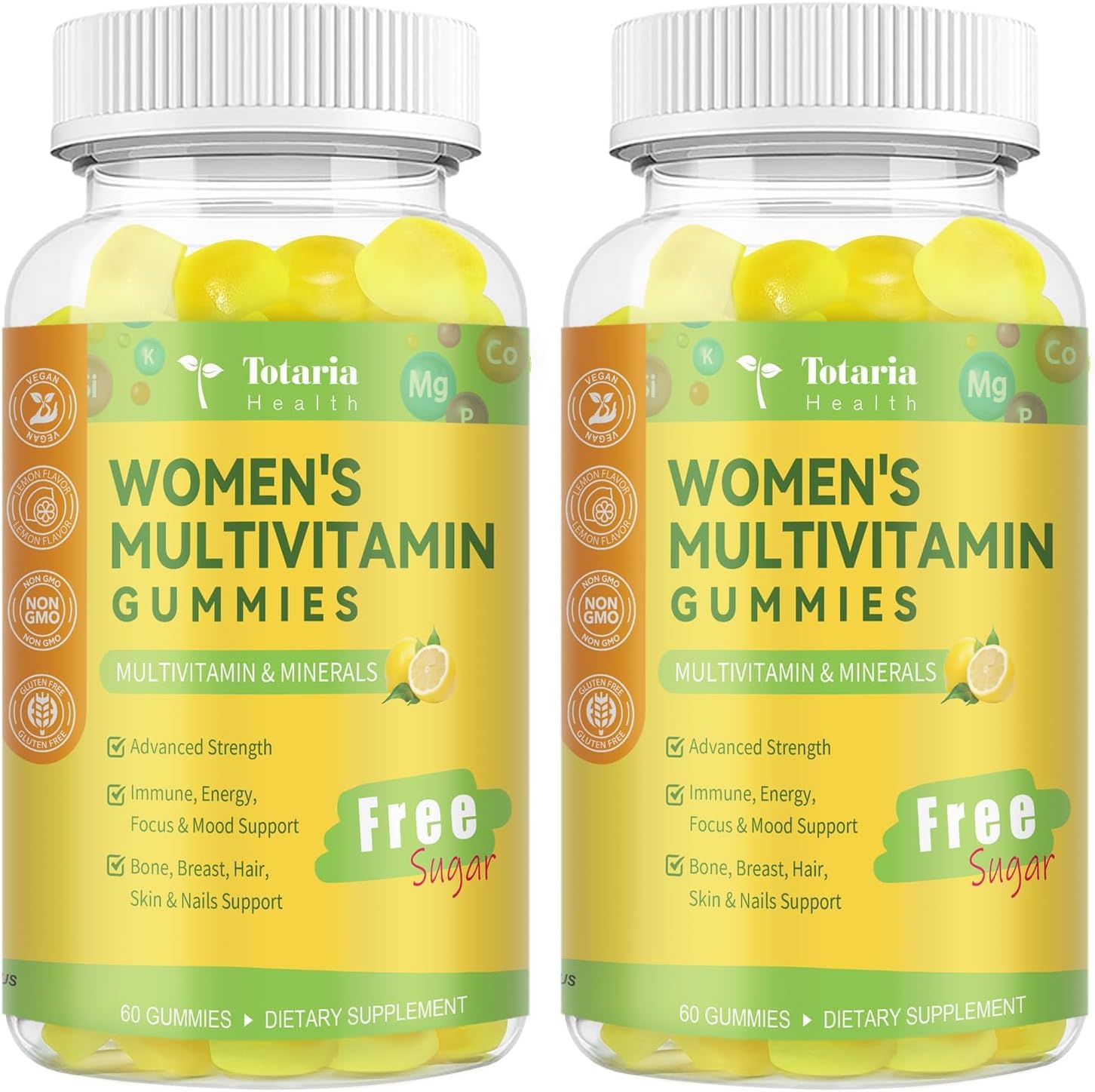 (2 Packs) Sugar Free Multivitamin Gummies for Women 14+ w/Iron, Inositol, Folate, Biotin, Womens Daily Multivitamin Gummy w/Vitamin A, D, C, B, Support Hair, Skin, Energy, Immune, Lemon Flavor