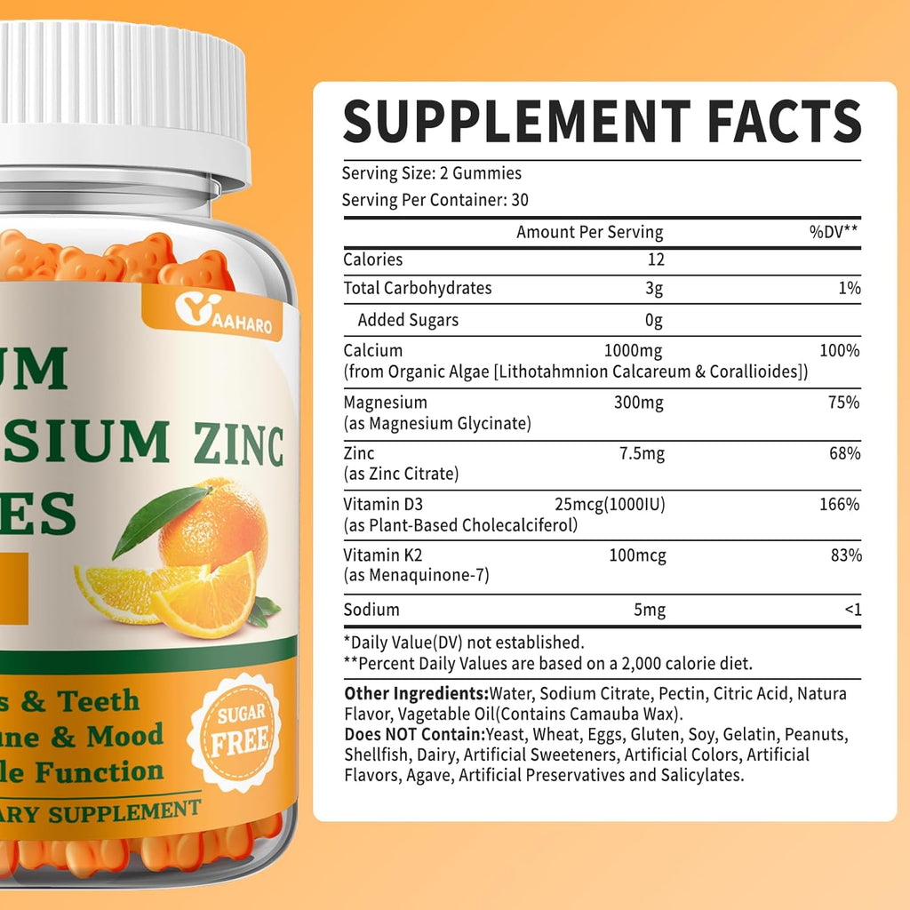 (2 Pack) Calcium Magnesium Zinc Gummies with Vitamin D3 & K2 - Sugar Free Calcium Gummies for Women and Men - Bone & Immune Support - Non-GMO, Gluten-Free, Orange Flavored - 120 Count