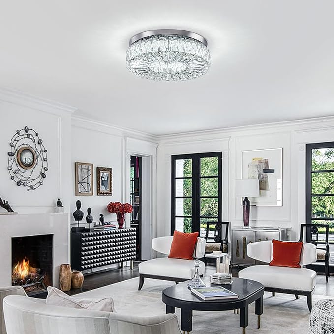 16.5" Crystal Chandelier LED Modern Flush Mount Ceiling Light Fixtures Round Ring Luxury Large Chandelier for Living Room Bedroom Dining Room Entrance (Cool white-16.5")