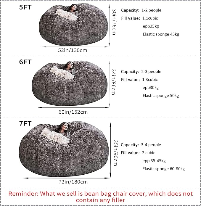 Big Huge Giant Bean Bag Chair for Adults, (No Filler) Bean Bag Chairs in Multiple Sizes and Colors Giant Foam-Filling Required- Machine Washable Covers, Double Stitched Seams (Snow Gray,6FT)