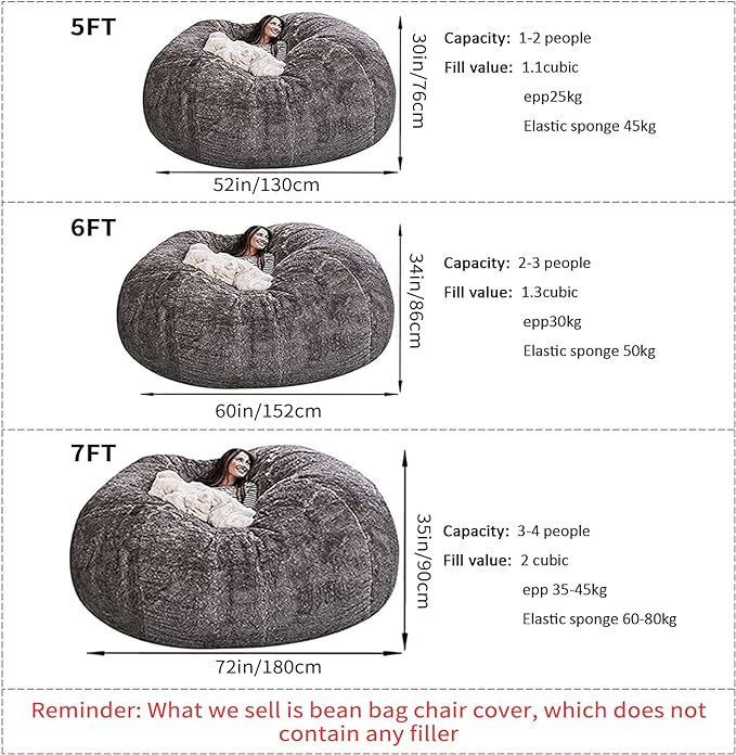 Big Huge Giant Bean Bag Chair for Adults, (No Filler) Bean Bag Chairs in Multiple Sizes and Colors Giant Foam-Filling Required- Machine Washable Covers, Double Stitched Seams (Purple,7FT)