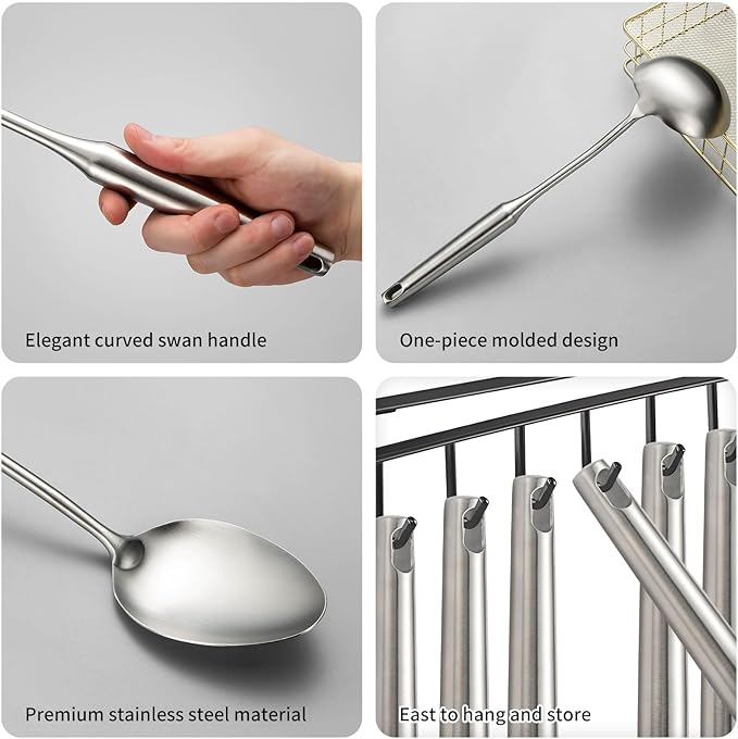 304 Stainless Steel Cooking Utensil,Kitchen Kitchen Utensil with Spatula, Solid Spoon, Ladle, Skimmer, Spaghetti Spoon, 6 Piece Set, Dishwasher Safe