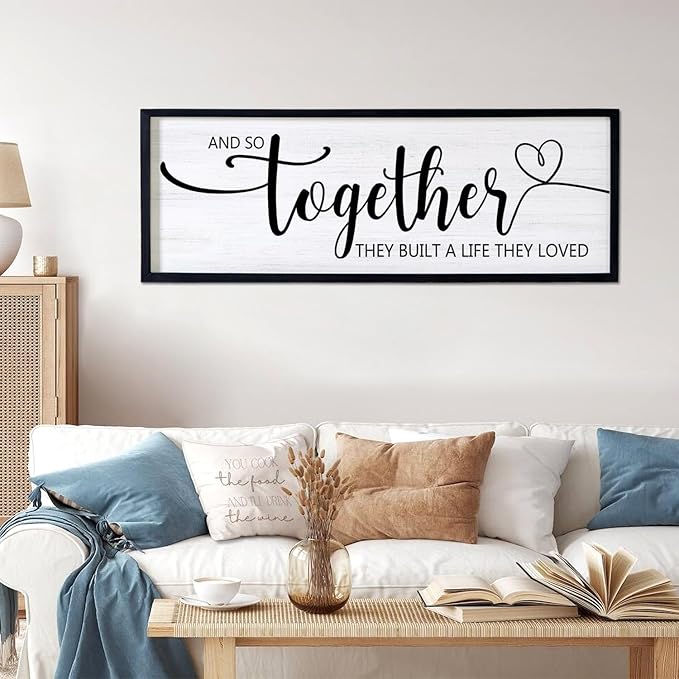 And So Together They Built A Life They Loved Decorative Rustic Sign & Plaque Framed Wall Art for Couples, 40''×15' Vintage 'Wooden Long Wall Decor Above Bed, Horizontal Farmhouse Wedding Gift