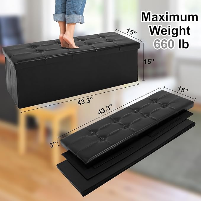 43 Inches Folding Storage Ottoman Bench, PU Leather Storage Chest, Footrest Padded Seat for Bedroom and Hallway, Holds up to 660 lbs, Black