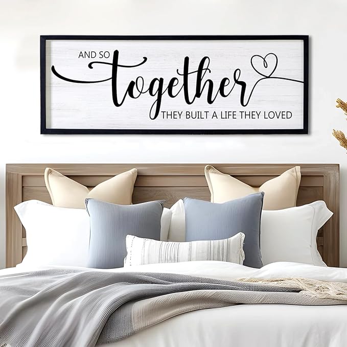 And So Together They Built A Life They Loved Decorative Rustic Sign & Plaque Framed Wall Art for Couples, 40''×15' Vintage 'Wooden Long Wall Decor Above Bed, Horizontal Farmhouse Wedding Gift