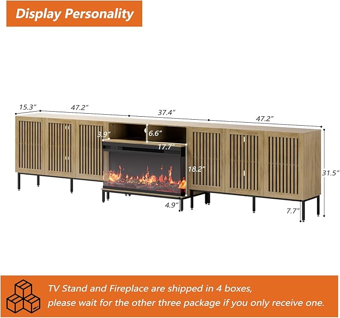 3-Sided Glass Farmhouse Fireplace TV Stand for TVs Up to 110 Inch, Oak Entertainment Center with 36" Electric Fireplace, TV Console with Storage Cabinets for Living Room
