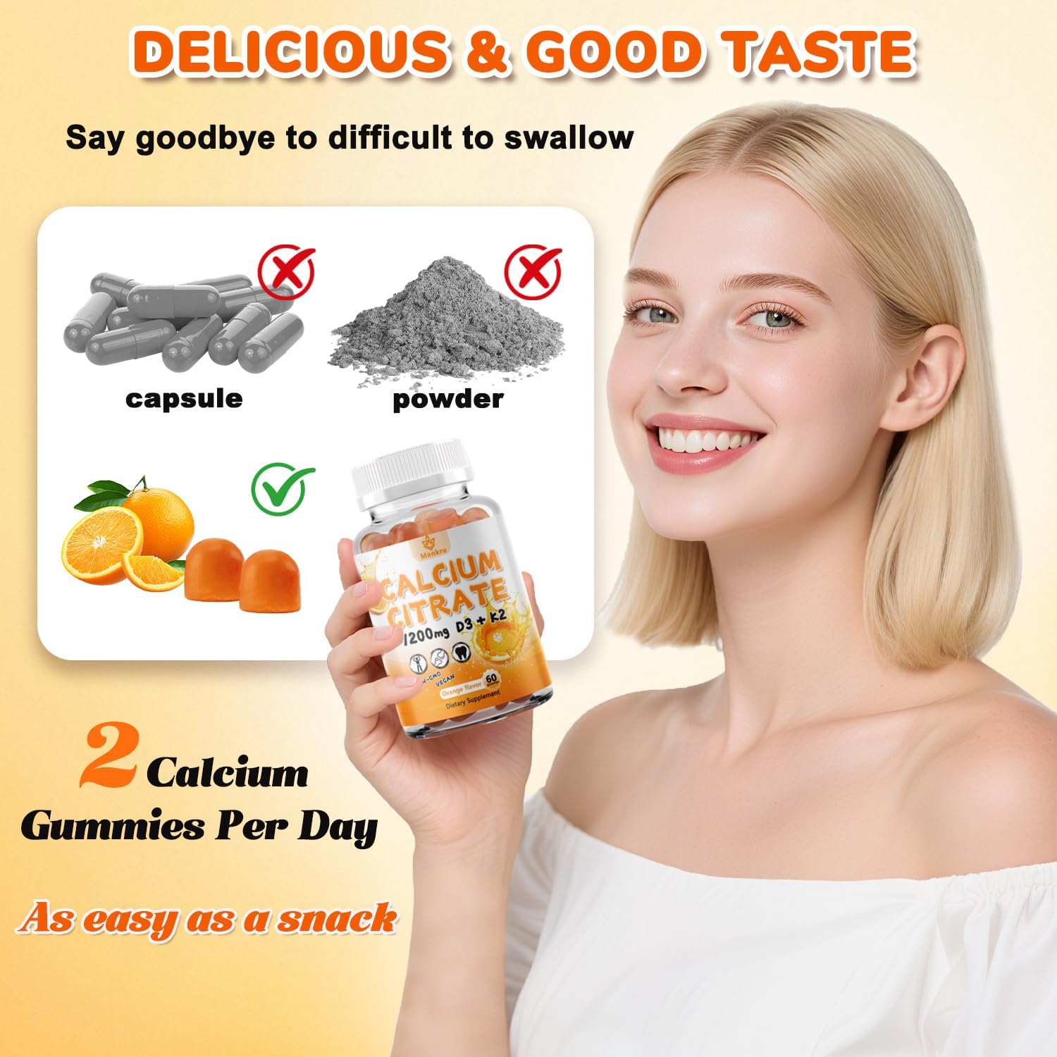 (2 Pack) Calcium Citrate Gummies,Calcium 1200 mg with Vitamin D3 and K2 for Women & Men.Supports Bone Muscle & Teeth - Natural Orange Flavor,120 Gummies- 60 Day Vegan Supply