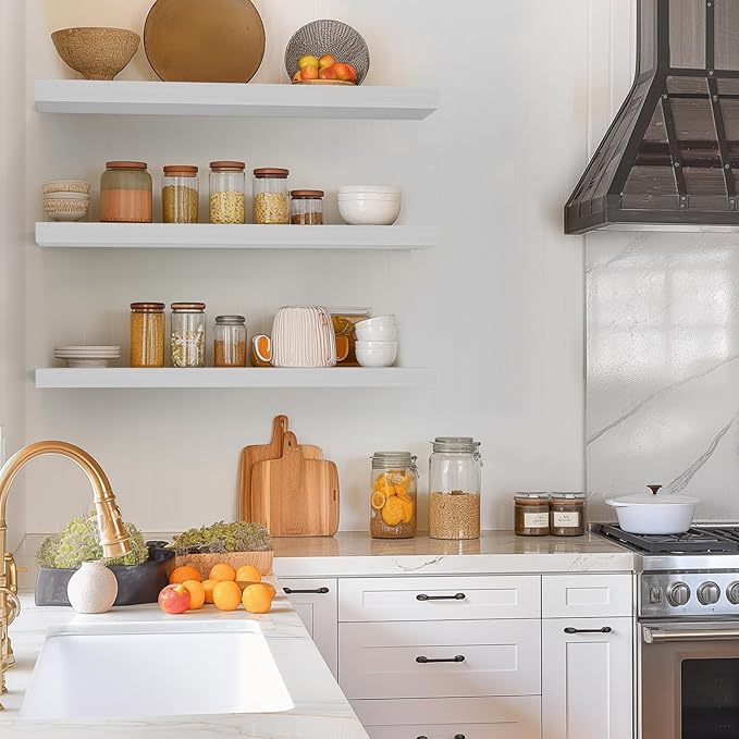 BAYKA Floating Shelves for Wall, 36 inches Wall Mounted Rustic Wood Shelves for Bathroom, Bedroom, Living Room, for Storage/Decor with 30lbs Capacity（White,Set of 3