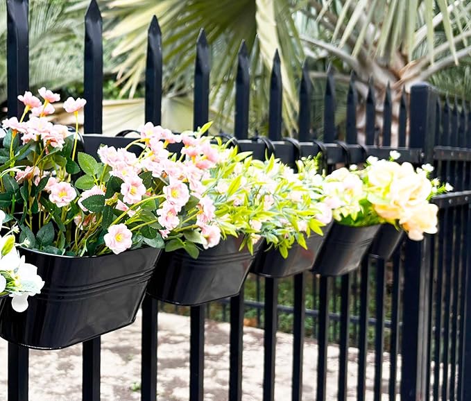 4 Pack Metal Hanging Planter for Outdoor Plants, 10 Inch Black Fence Planters Railing Pots for Garden Patio Balcony Decor, Flower Bucket with Detachable Hooks (Black, 4Pcs)