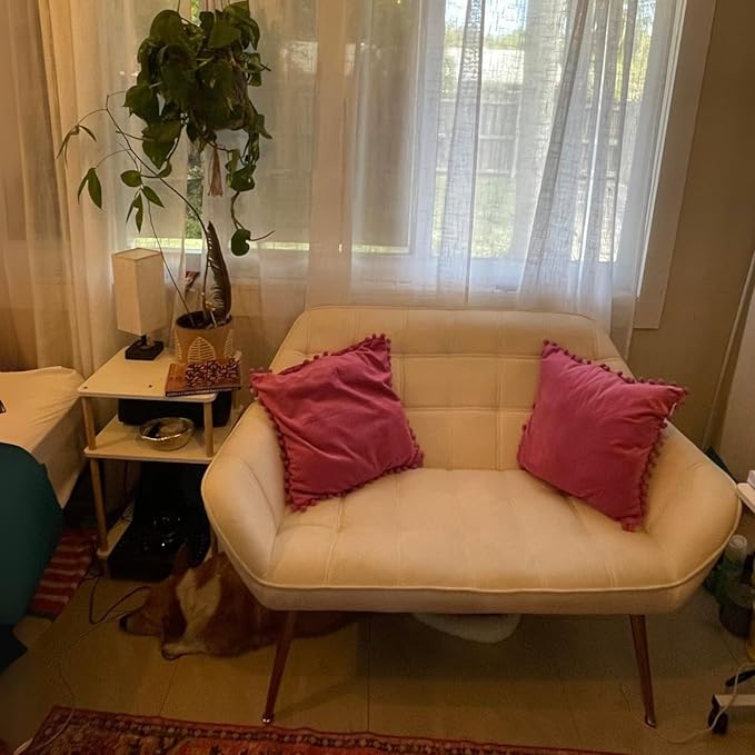 48”Small Loveseat Sofa, Modern Velvet Upholstered Mini Couch 2-Seater Fluffy Love Seat with Quilting Backs and Metal Legs for Small Space Living Room, Bedroom, Beige