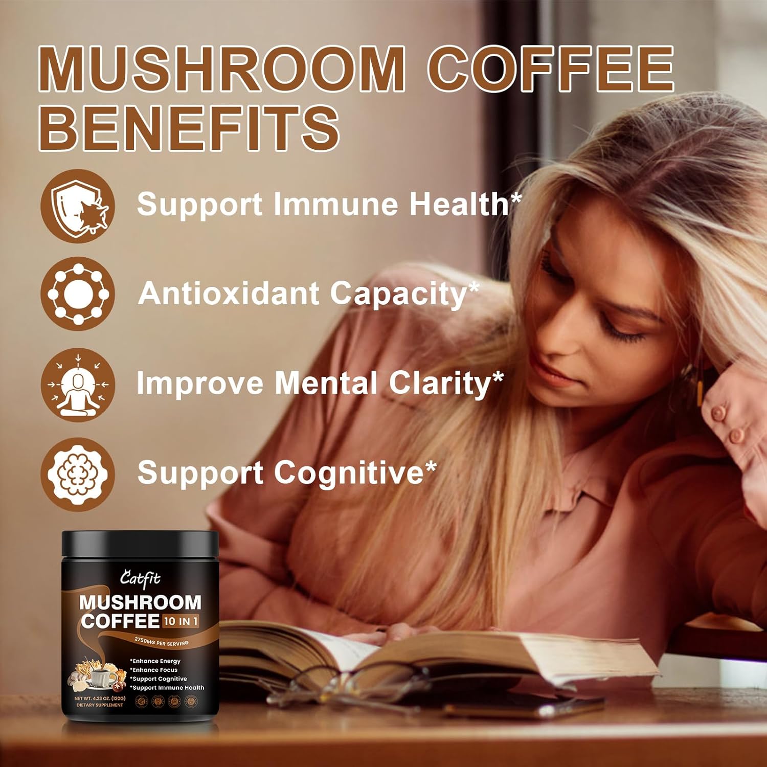(2 Pack) Mushroom Coffee Powder, 10 Mushroom Blend- Lion's Mane, Chaga, Brain Supplements with Arabica Coffee, Ashwagandha, L-Theanine for Energy, Focus, Memory and Immunity, 120G