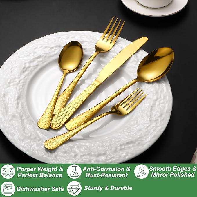 40 Pcs Gold Silverware Set for 8 with Water Cube Handle design, Food Grade Stainless Steel Flatware Set, Eating Utensils Sets Include Fork/Knife/Spoon, Reusable Cutlery Set, Dishwasher Safe