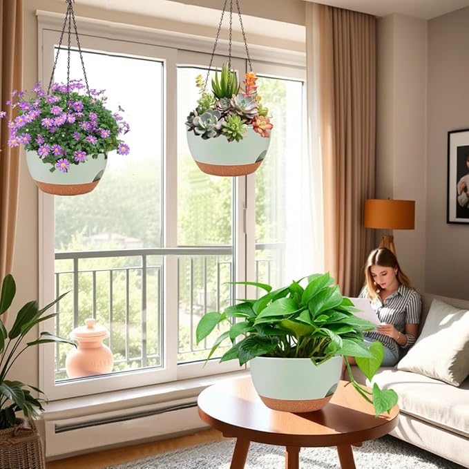 2 Pack Hanging Planters for Indoor Outdoor Plants, 12 Inch Self Watering Hanging Pot with Drainage Holes and Saucer, Plastic Plant Pots, Green Brown Flower Pots for Kitchen, Balcony, Garden