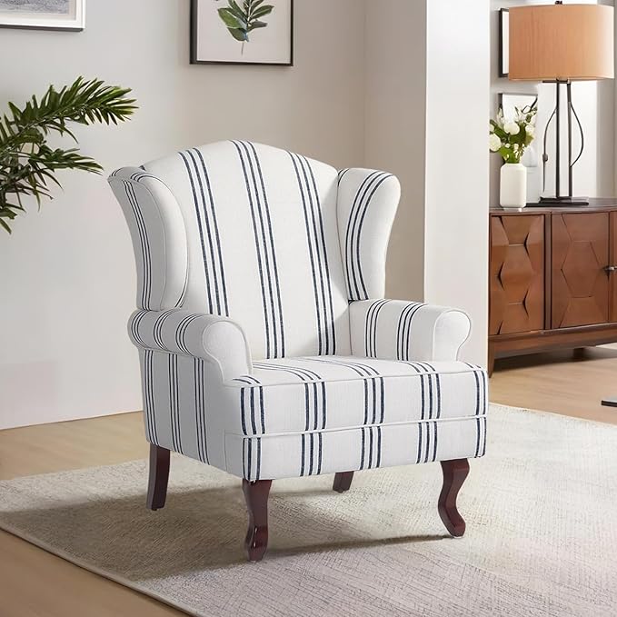 Accent Chair, High Back Upholstered Armchair with High Resilience Sponge & Wood Legs, Mid-Century Modern Comfy Single Sofa Reading Chairs for Living Room, Bedroom (Stripe Navy, Set of 1)