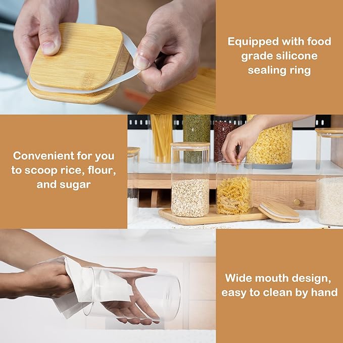 70oz Straight cylindrical Airtight Storage Jars with Bamboo Lid Set of 3 Storage Container Glass Jars, Kitchen Canister for Noodles, Pasta and Coffee beans (‎with Black Lable)