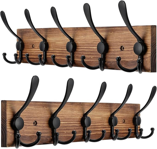 2pcs Coat Rack Wall Mount Wooden Hat Rack for Wall Hooks Pine Real Wood Plank 16.9" Brown Coat Hanger with 5 Triple Hooks for Hanging Coat Hat Jacket