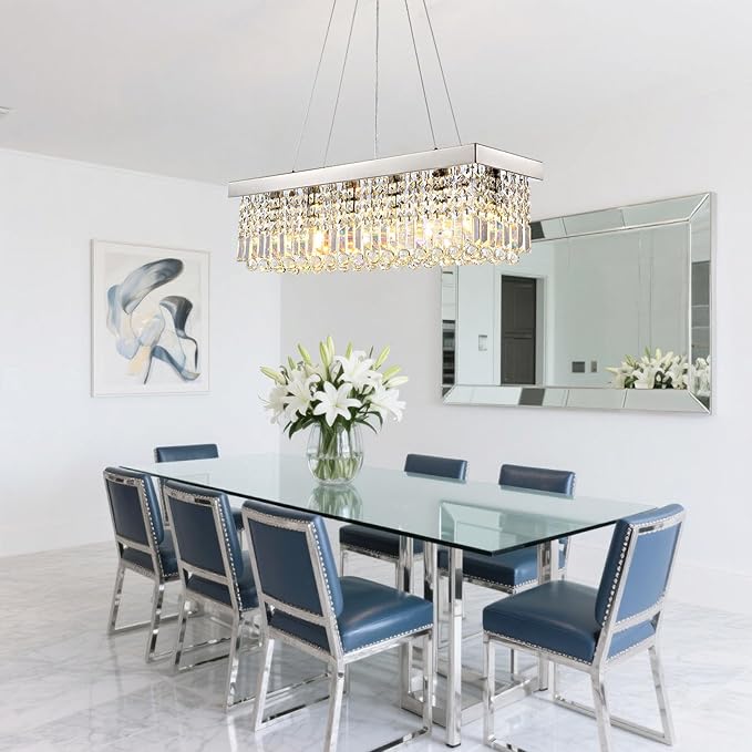 Modern Crystal Chandelier for Dining Room,6 Light K9 Crystal Rectangle Chandelier, Rectangular Pendant Ceiling Light Fixture for Living Room Kitchen Island L31.5''xW10''xH10''