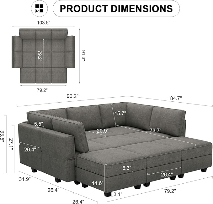 Belffin Modular Sectional Sleeper Sofa Couch with Storage Ottoman Convertible Sectional Couches for Living Room Terry Reversible Chaise. Light Grey Sofa